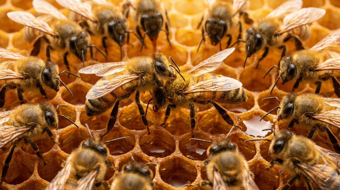 A honeybee pressing its head against another bee to give the stop signal, ringed by worker bees on the comb.